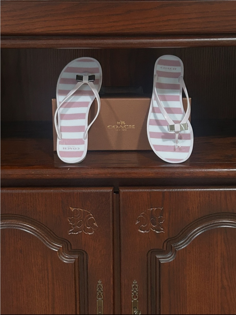 Coach Pink and White Striped Bow Flip Flops